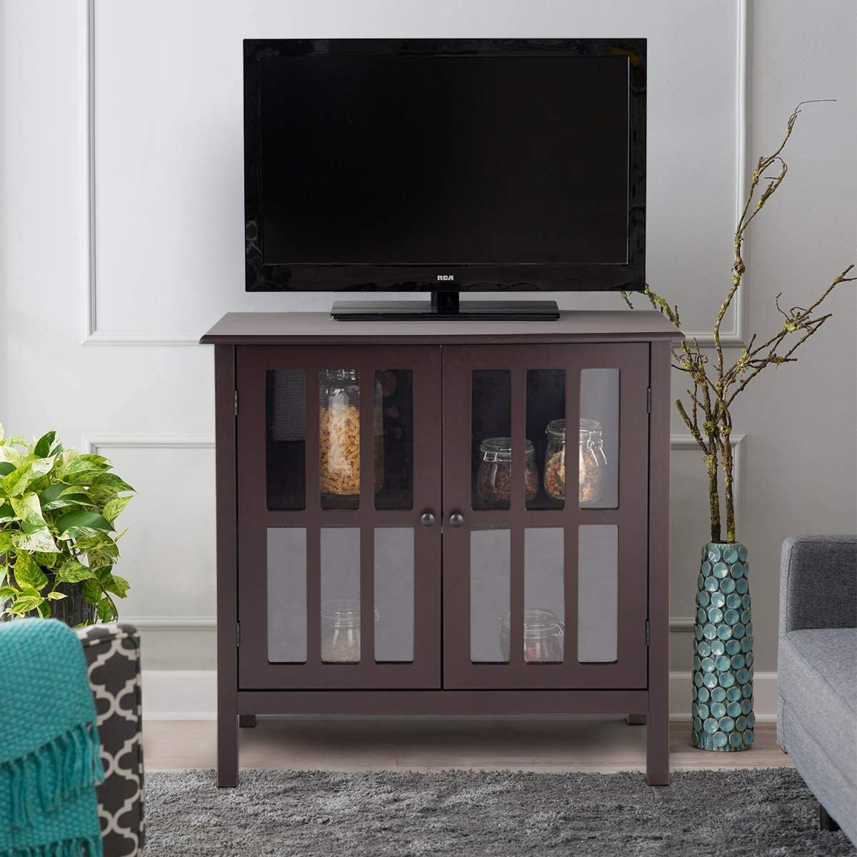 Modern Glass Door Buffet Cabinet with Adjustable Shelves and Storage Drawers - Brown