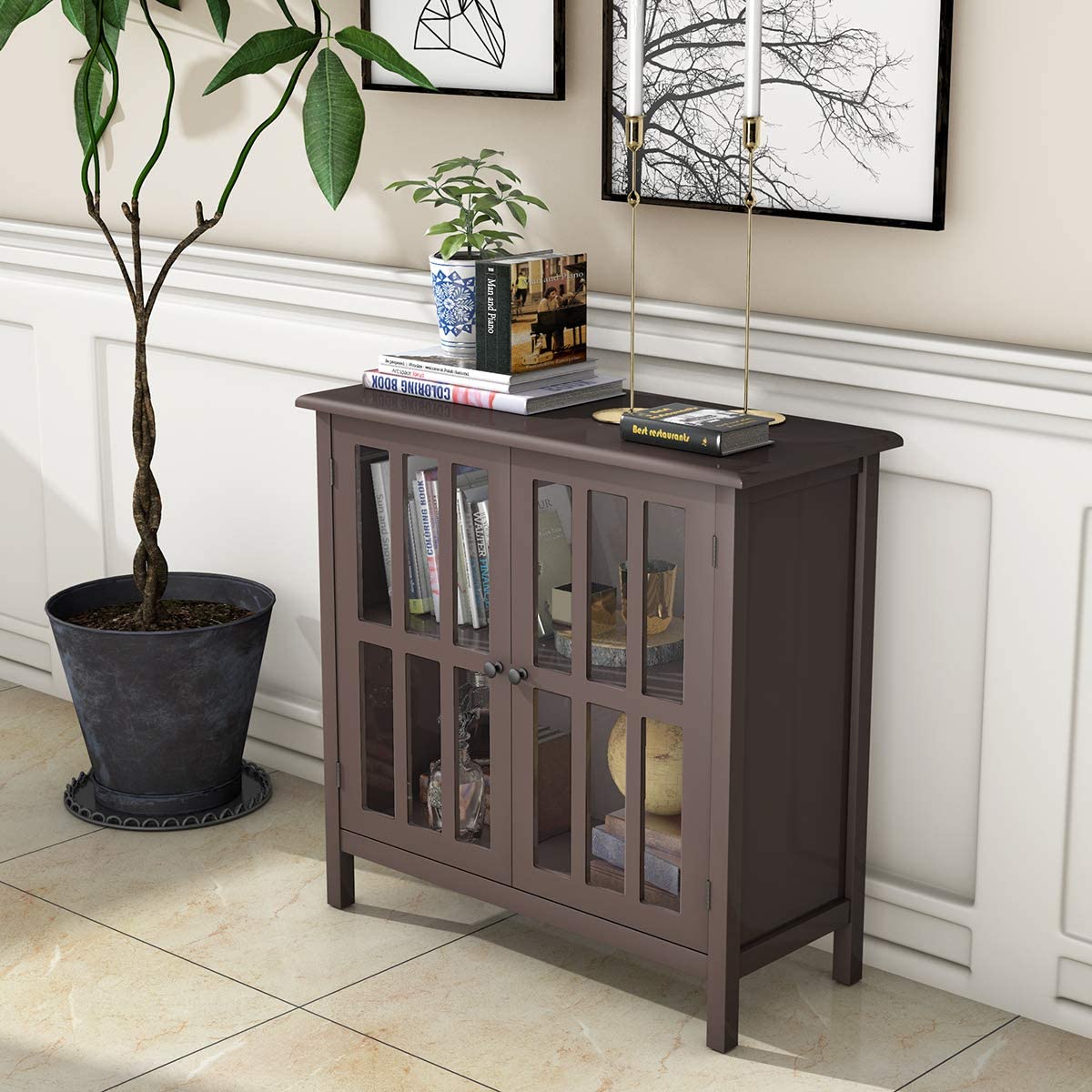 Modern Glass Door Buffet Cabinet with Adjustable Shelves and Storage Drawers - Brown