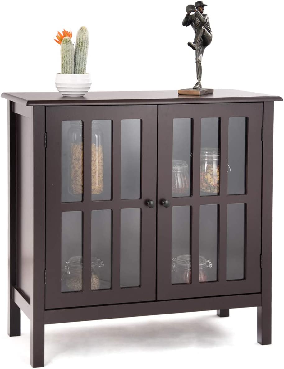 Modern Glass Door Buffet Cabinet with Adjustable Shelves and Storage Drawers - Brown