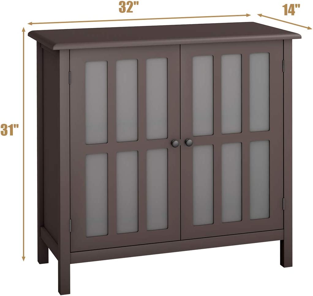 Modern Glass Door Buffet Cabinet with Adjustable Shelves and Storage Drawers - Brown