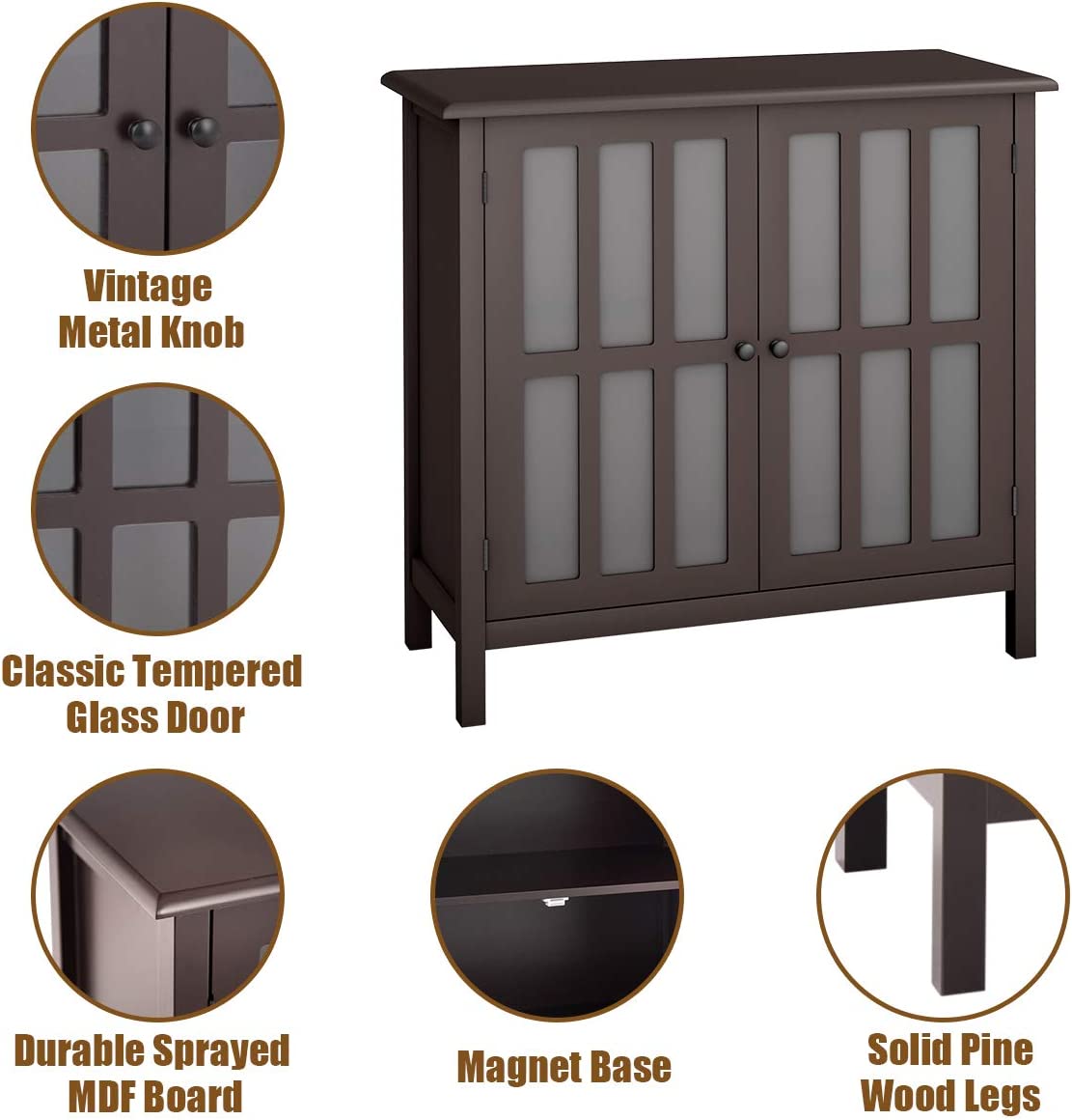 Modern Glass Door Buffet Cabinet with Adjustable Shelves and Storage Drawers - Brown