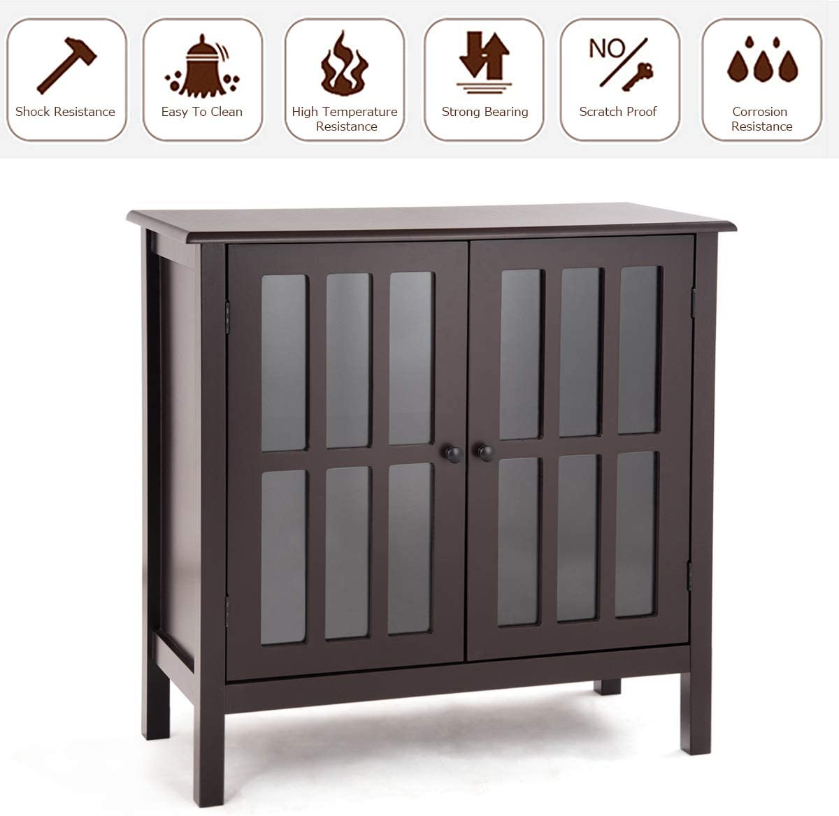 Modern Glass Door Buffet Cabinet with Adjustable Shelves and Storage Drawers - Brown