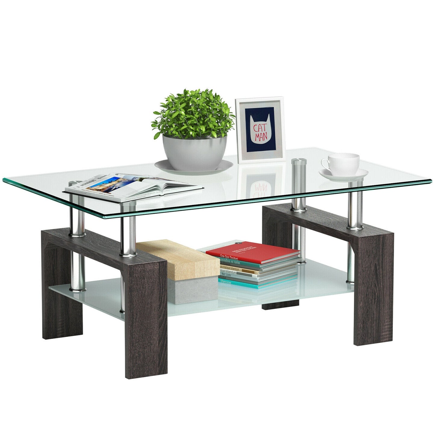 Modern Glass Coffee Table with Lower Shelf and Rectangular Design - Black