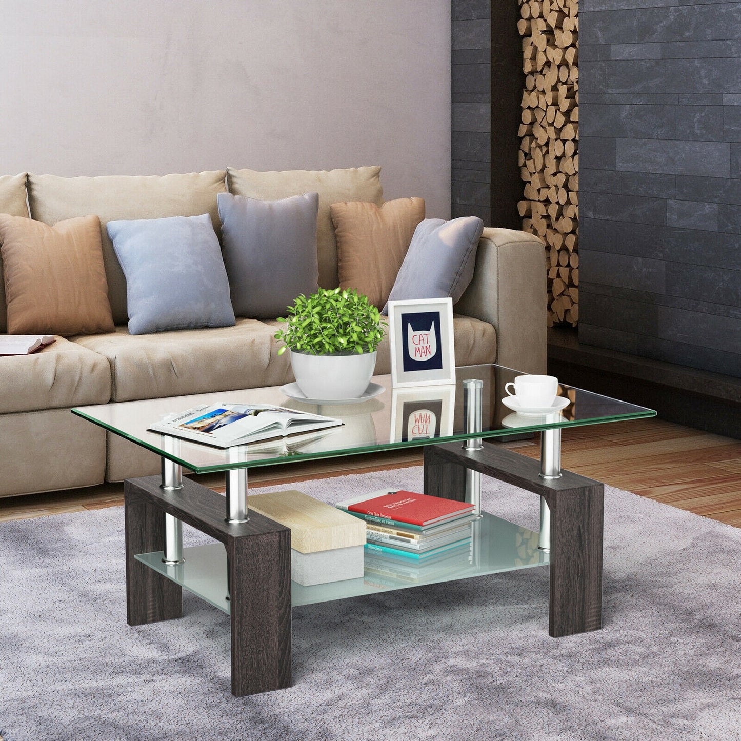 Modern Glass Coffee Table with Lower Shelf and Rectangular Design - Black