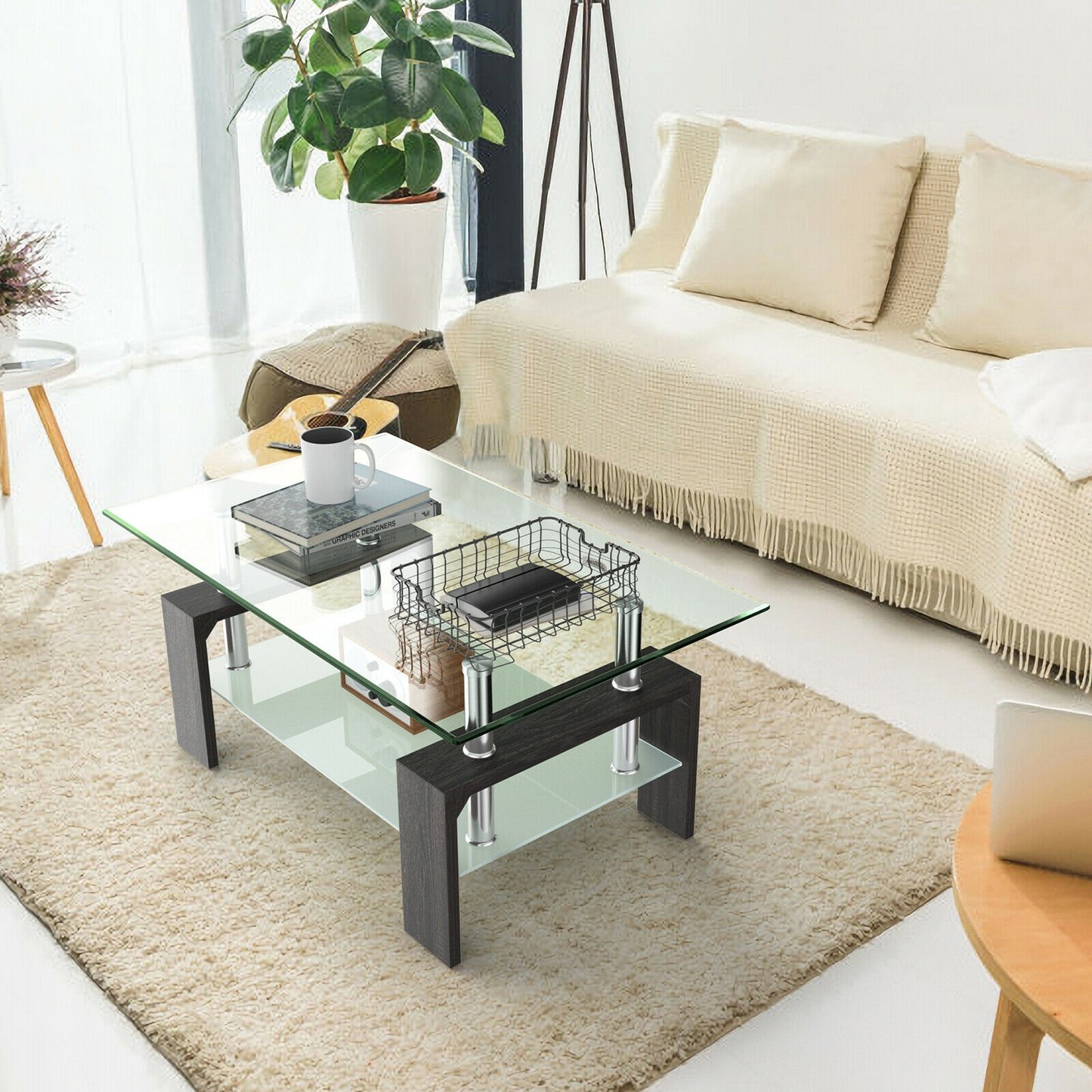 Modern Glass Coffee Table with Lower Shelf and Rectangular Design - Black
