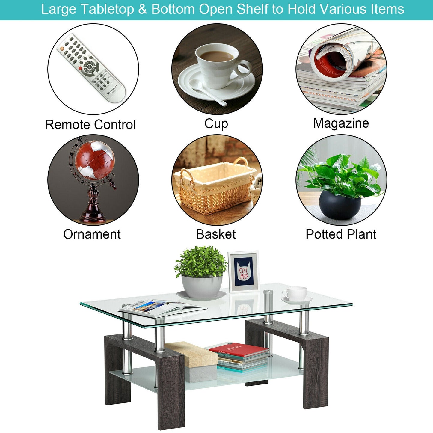 Modern Glass Coffee Table with Lower Shelf and Rectangular Design - Black