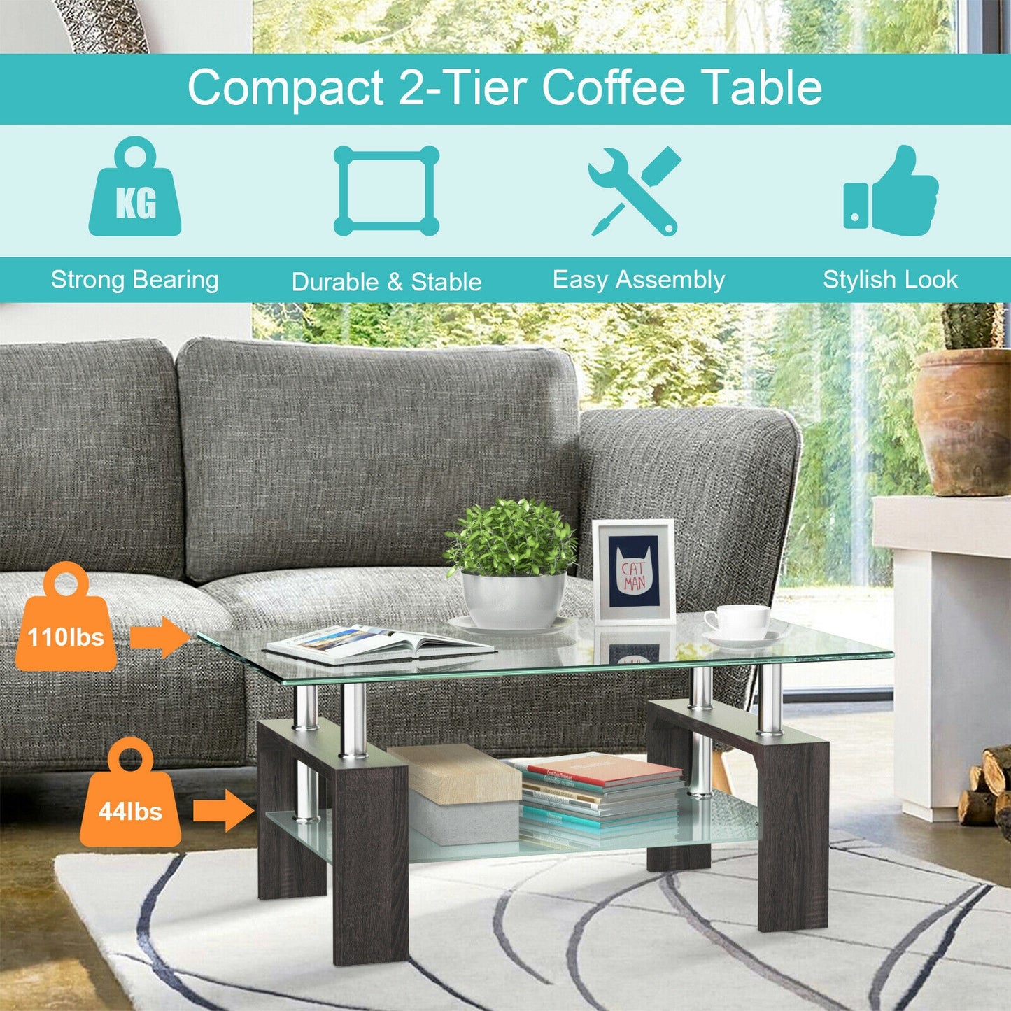 Modern Glass Coffee Table with Lower Shelf and Rectangular Design - Black
