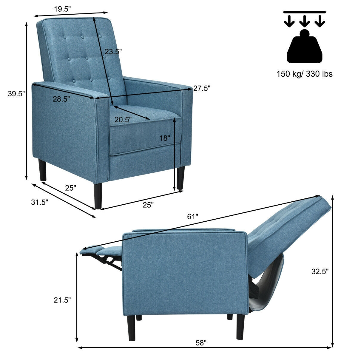 Modern Tufted Push Back Recliner Chair with Wooden Legs in Blue