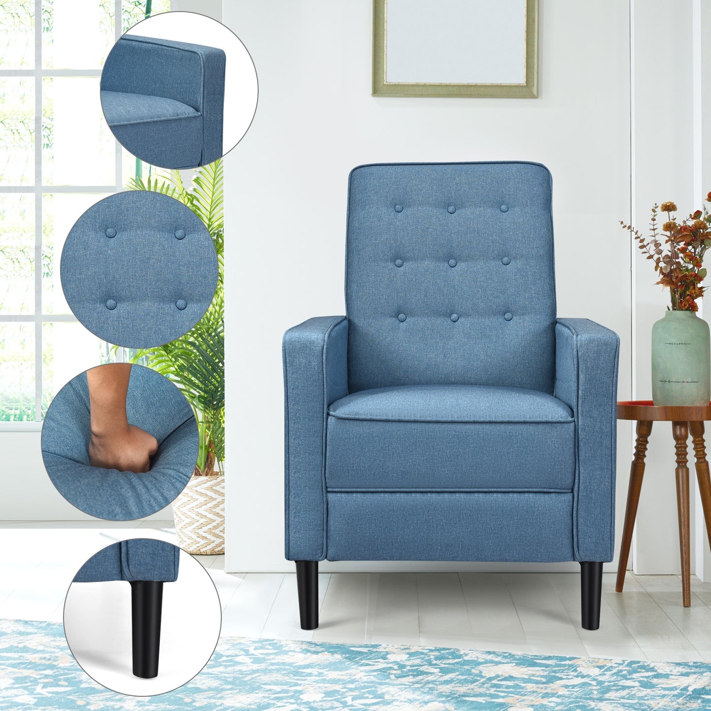 Modern Tufted Push Back Recliner Chair with Wooden Legs in Blue