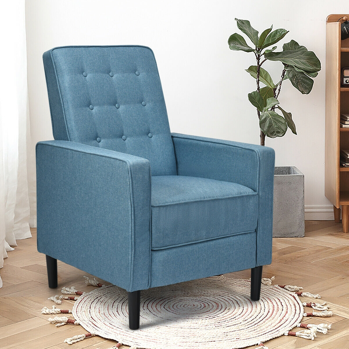 Modern Tufted Push Back Recliner Chair with Wooden Legs in Blue