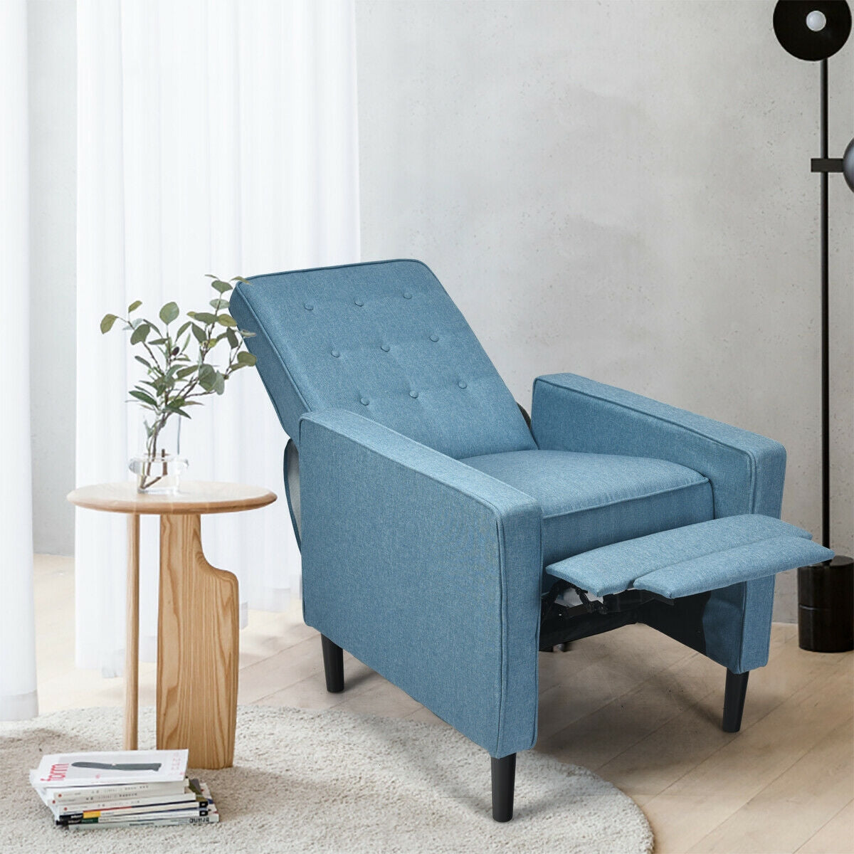 Modern Tufted Push Back Recliner Chair with Wooden Legs in Blue