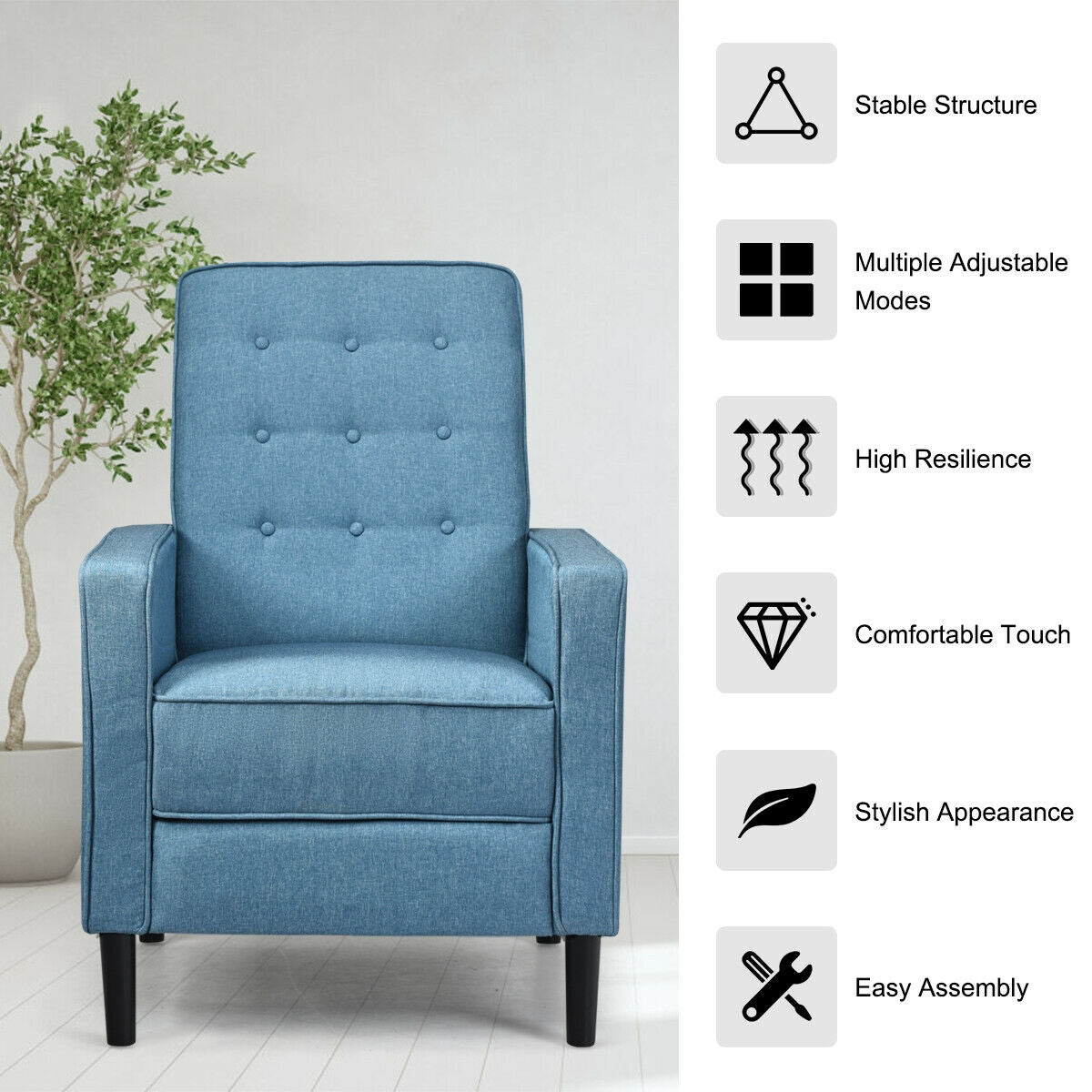 Modern Tufted Push Back Recliner Chair with Wooden Legs in Blue