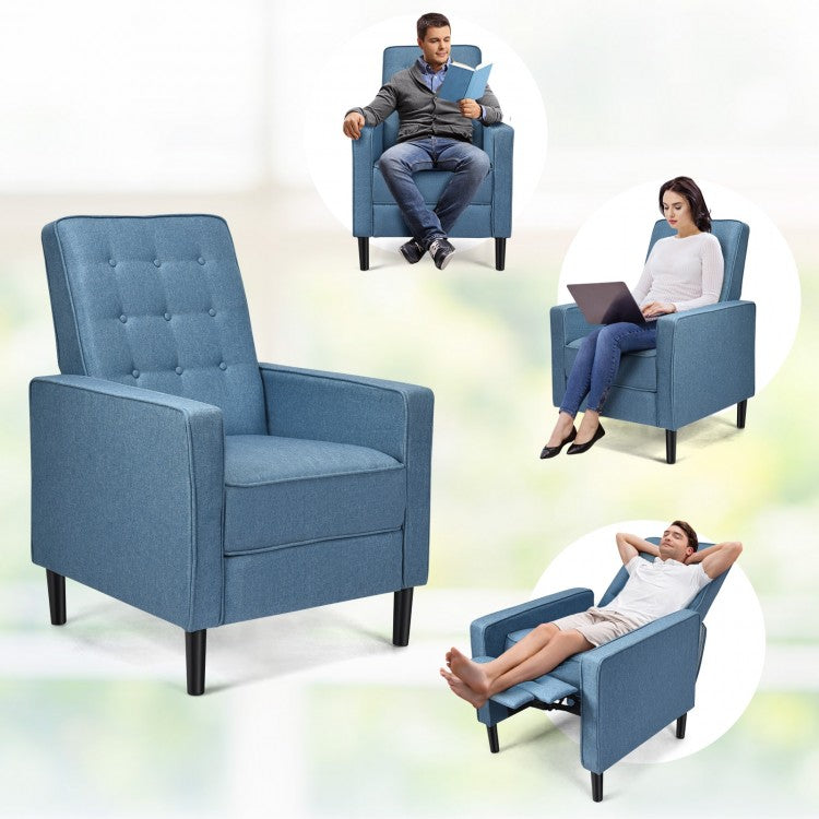 Modern Tufted Push Back Recliner Chair with Wooden Legs in Blue