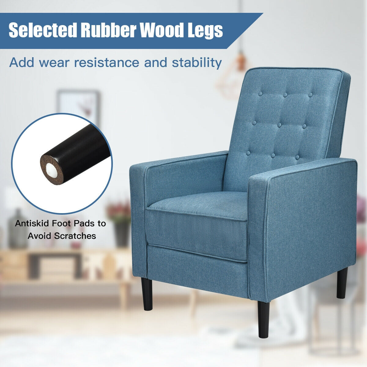 Modern Tufted Push Back Recliner Chair with Wooden Legs in Blue
