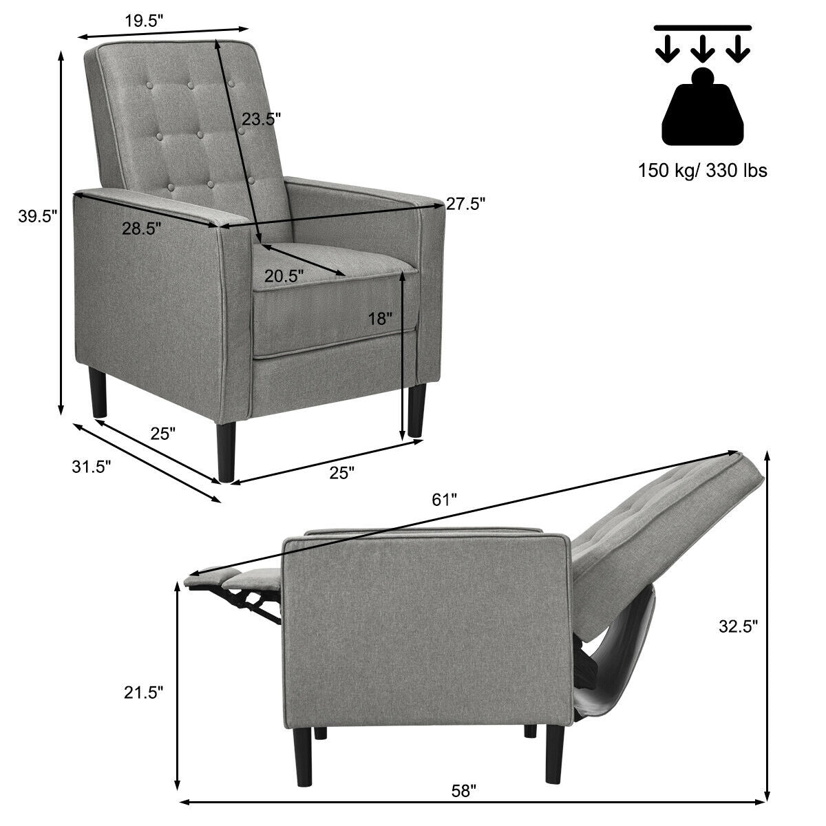 Modern Tufted Push Back Recliner Chair with Wooden Legs in Grey