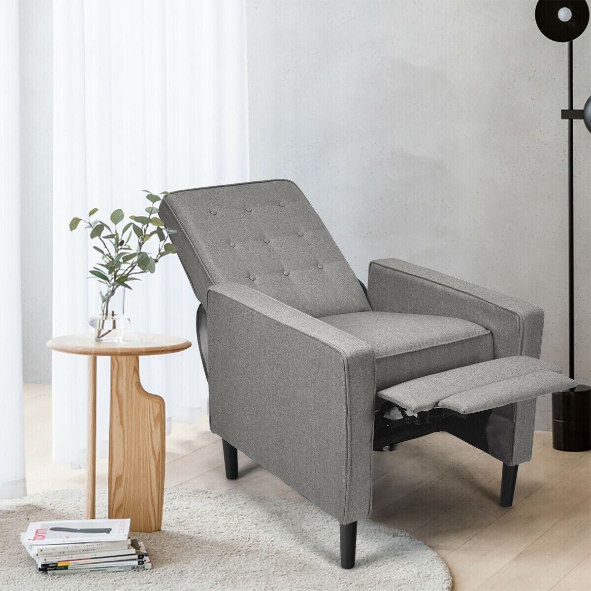 Modern Tufted Push Back Recliner Chair with Wooden Legs in Grey