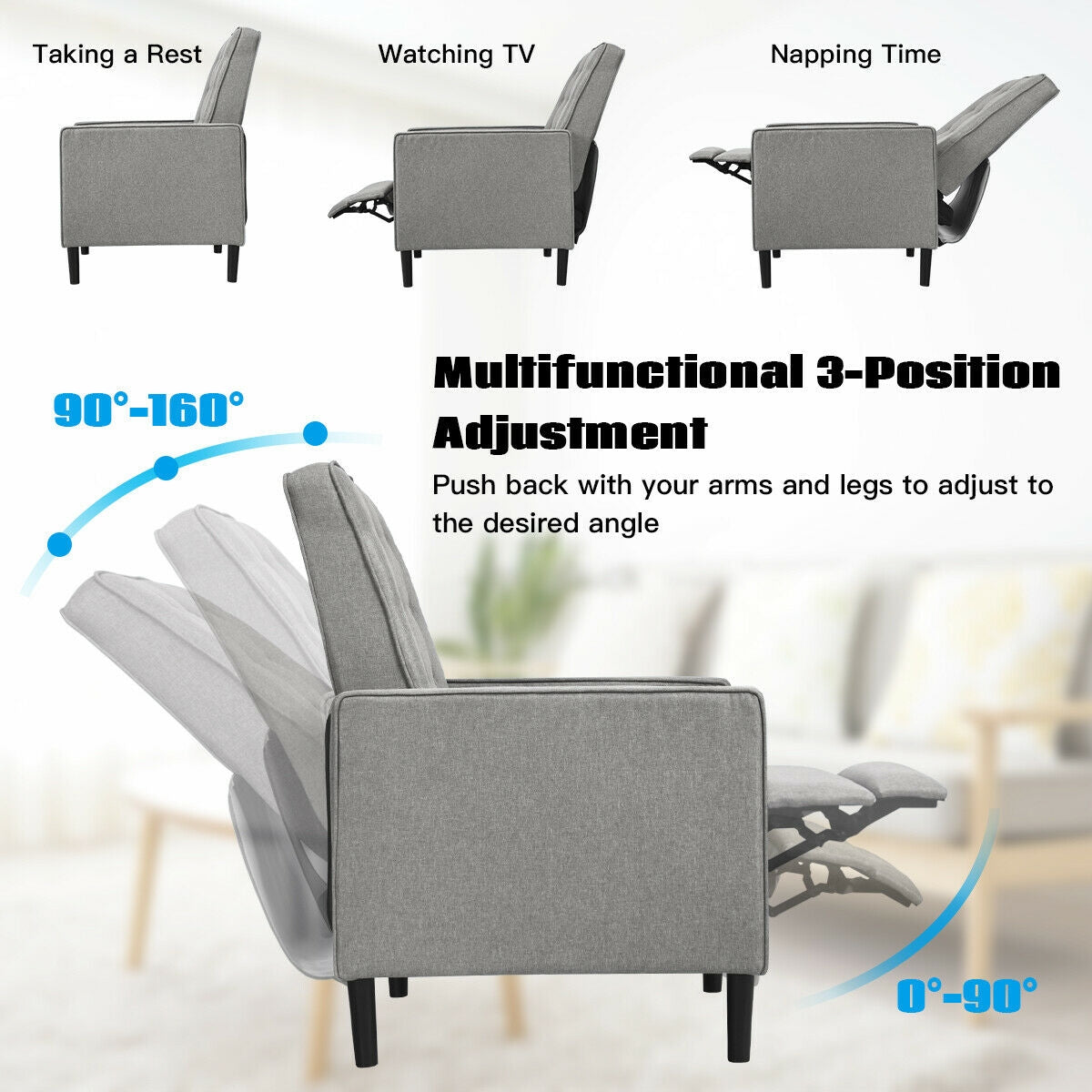Modern Tufted Push Back Recliner Chair with Wooden Legs in Grey