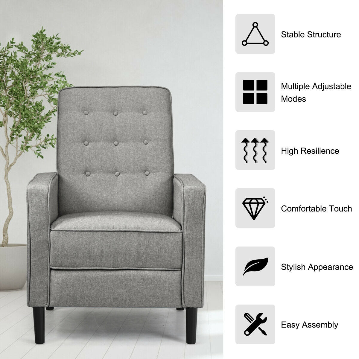 Modern Tufted Push Back Recliner Chair with Wooden Legs in Grey