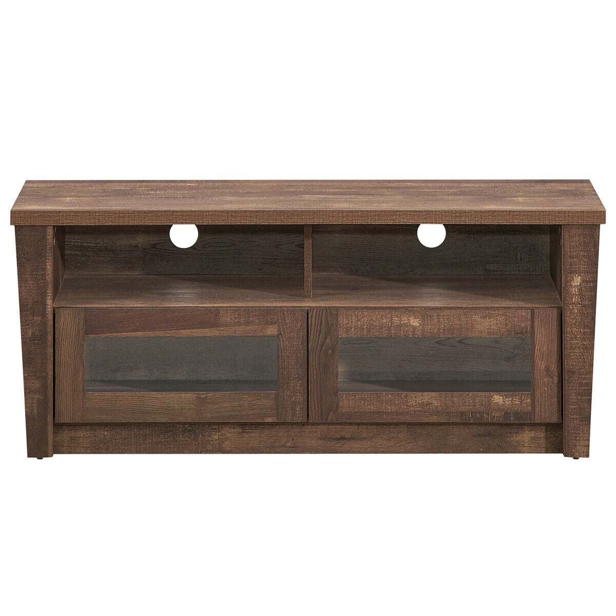 Wood Media Console with Glass Door Cabinets, Open Shelves, and Cable Management for 55 Inch TVs