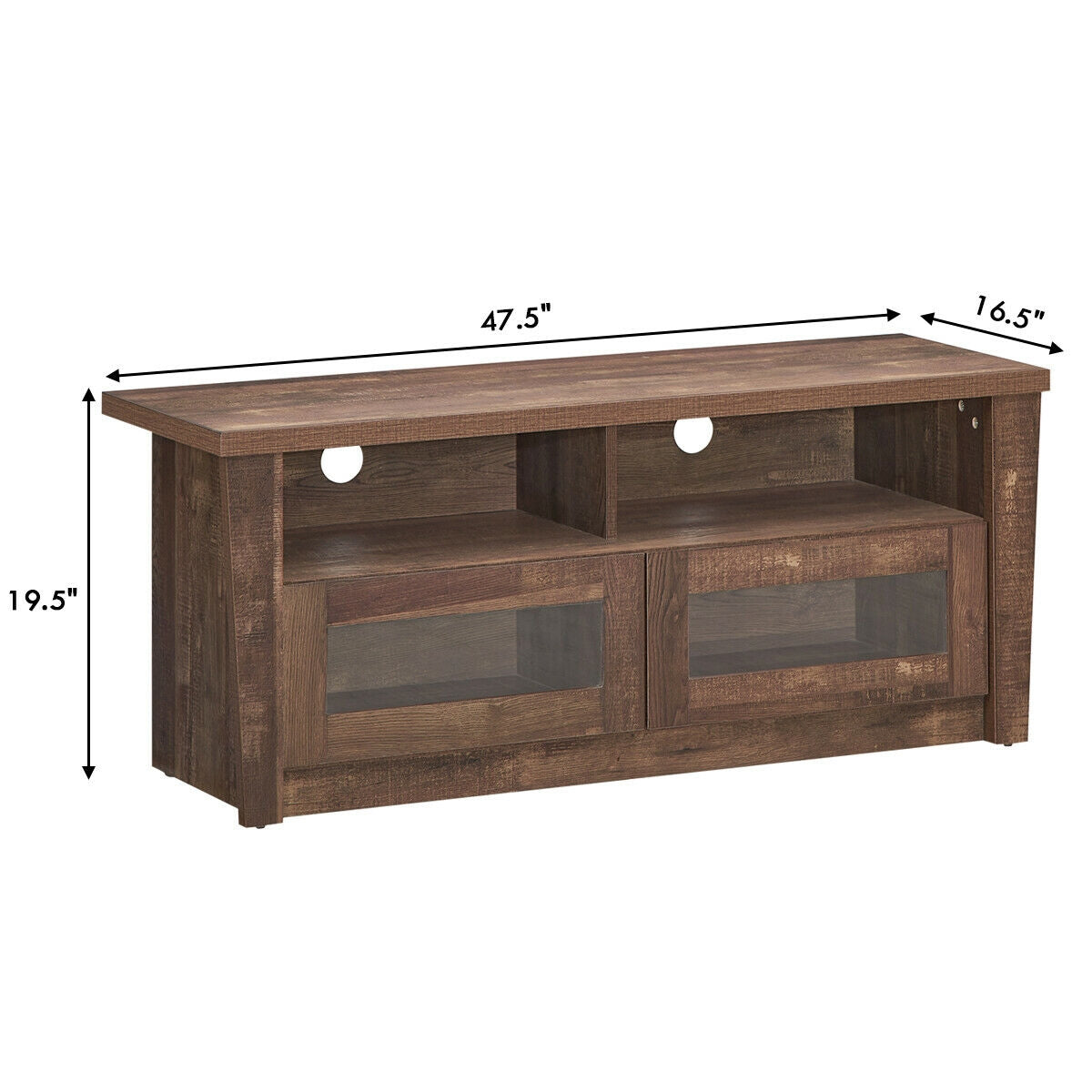 Wood Media Console with Glass Door Cabinets, Open Shelves, and Cable Management for 55 Inch TVs
