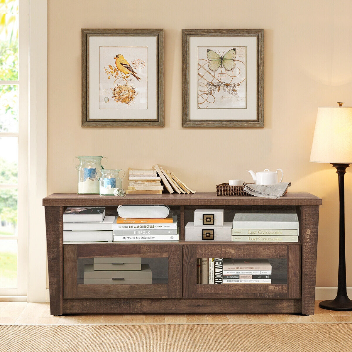 Wood Media Console with Glass Door Cabinets, Open Shelves, and Cable Management for 55 Inch TVs