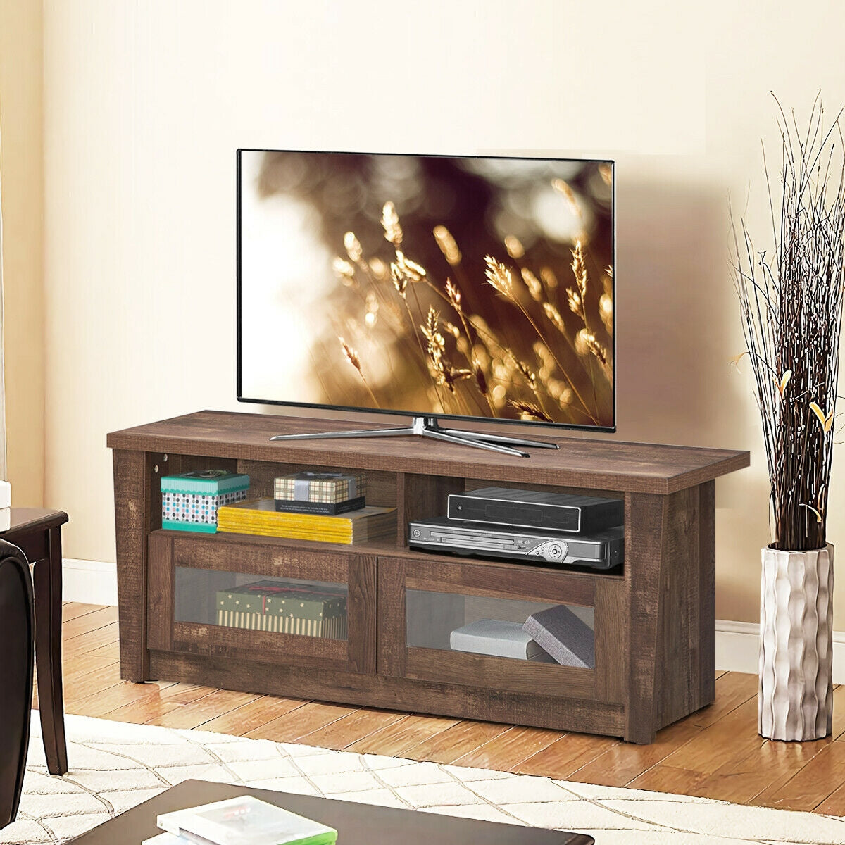 Wood Media Console with Glass Door Cabinets, Open Shelves, and Cable Management for 55 Inch TVs