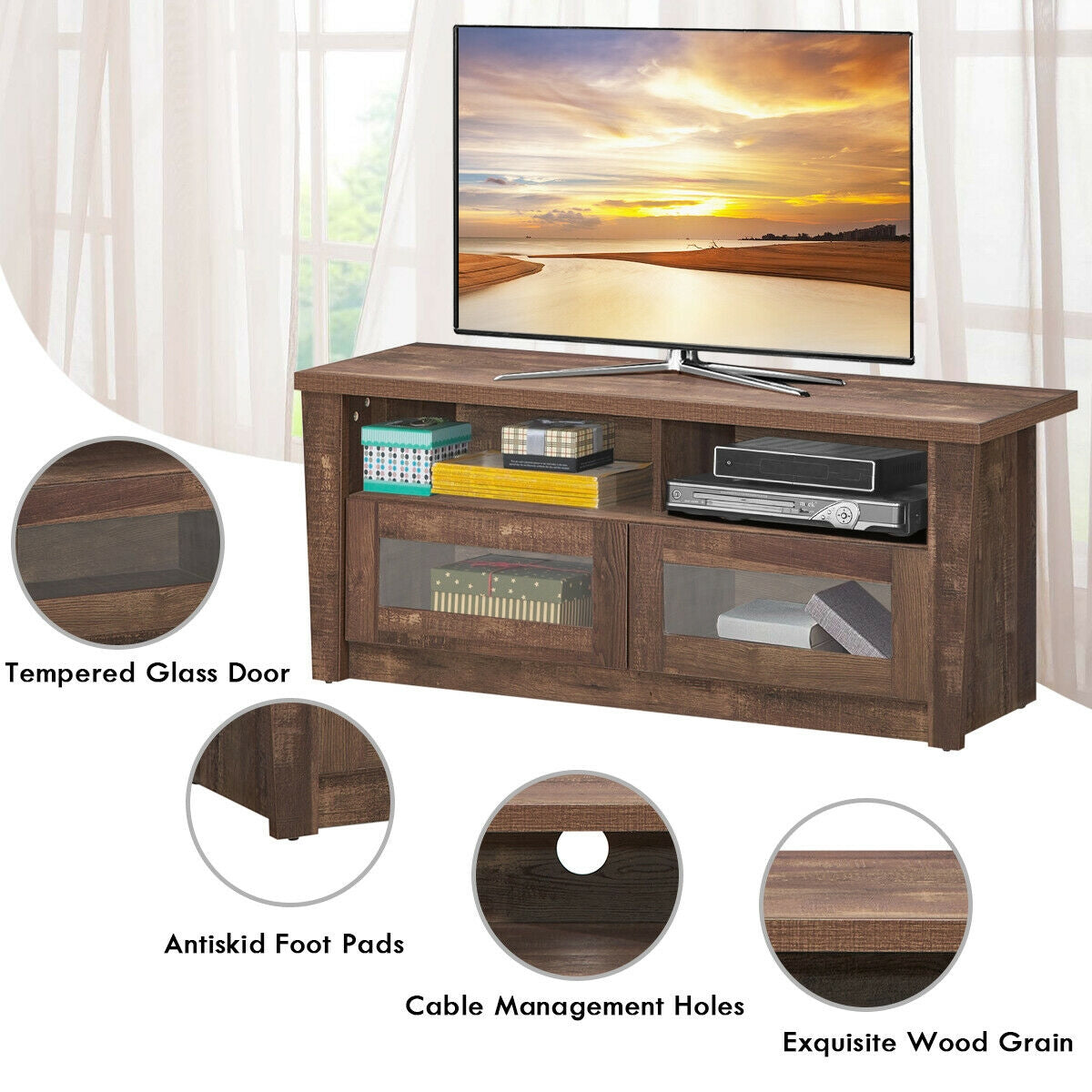 Wood Media Console with Glass Door Cabinets, Open Shelves, and Cable Management for 55 Inch TVs
