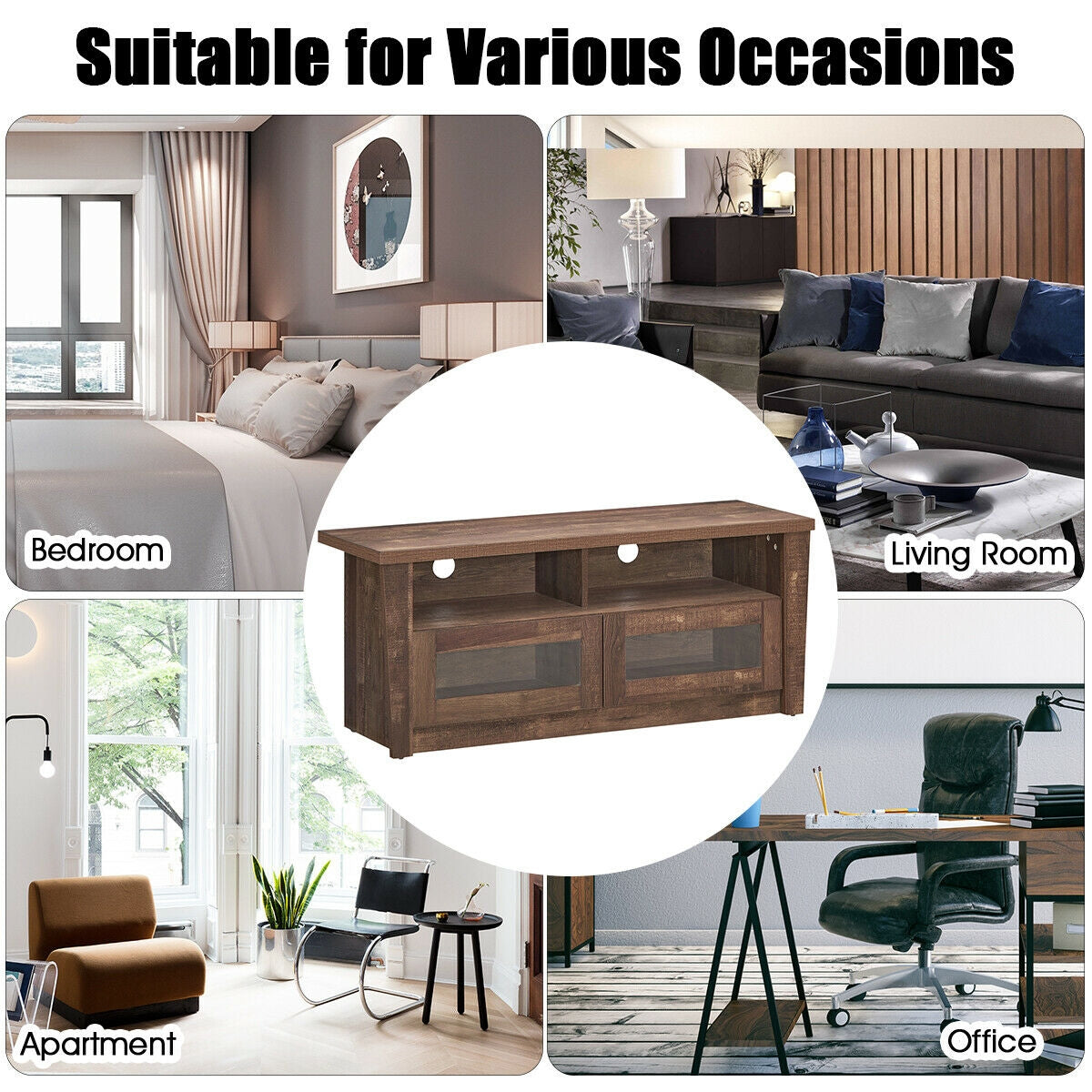 Wood Media Console with Glass Door Cabinets, Open Shelves, and Cable Management for 55 Inch TVs