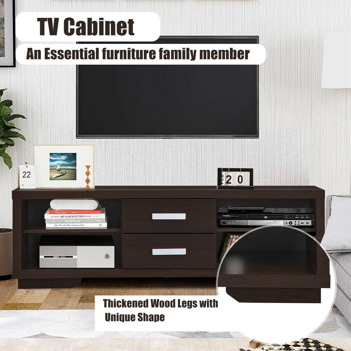 Modern Entertainment Center with Storage Drawers and Four Open Shelves