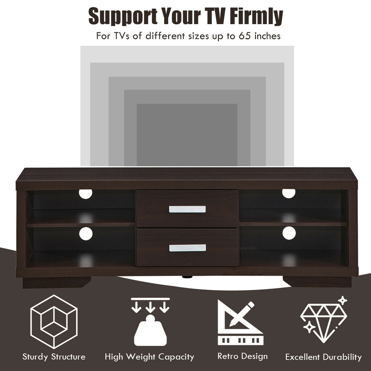 Modern Entertainment Center with Storage Drawers and Four Open Shelves
