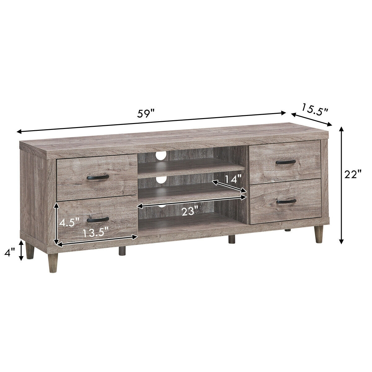 Wood TV Stand with Adjustable Shelves, 4 Drawers, and Cable Management – Fits TVs up to 65"