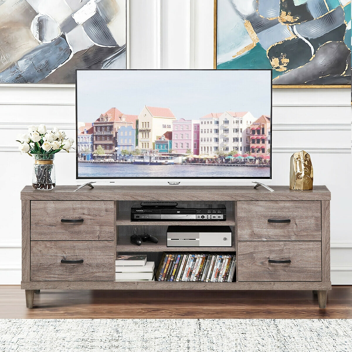 Wood TV Stand with Adjustable Shelves, 4 Drawers, and Cable Management – Fits TVs up to 65"