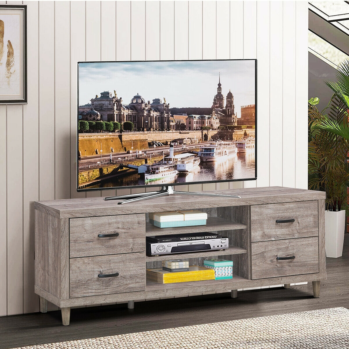 Wood TV Stand with Adjustable Shelves, 4 Drawers, and Cable Management – Fits TVs up to 65"