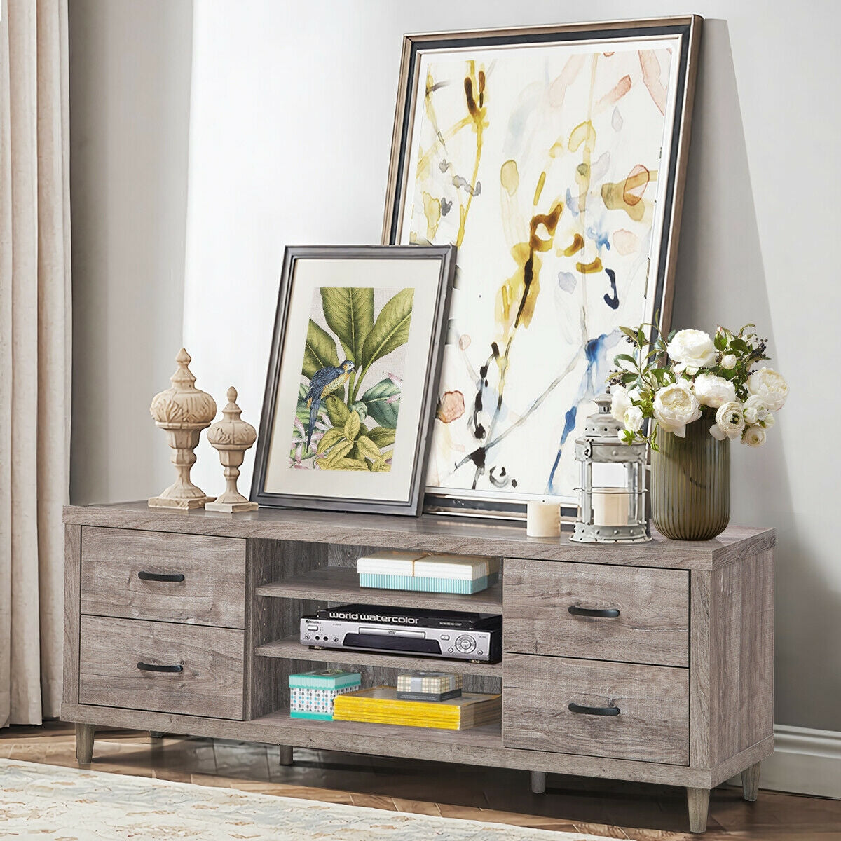 Wood TV Stand with Adjustable Shelves, 4 Drawers, and Cable Management – Fits TVs up to 65"