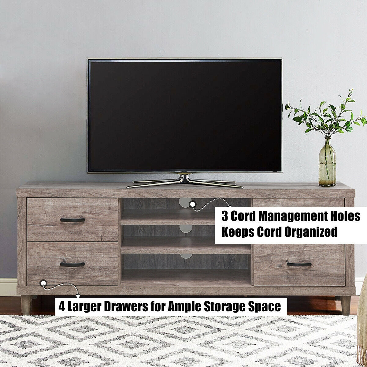 Wood TV Stand with Adjustable Shelves, 4 Drawers, and Cable Management – Fits TVs up to 65"