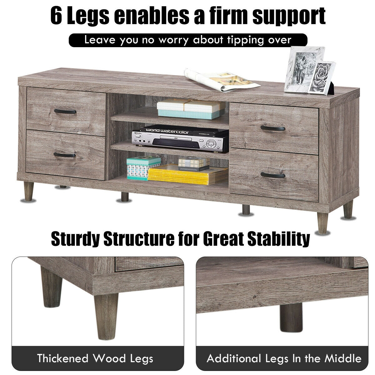 Wood TV Stand with Adjustable Shelves, 4 Drawers, and Cable Management – Fits TVs up to 65"