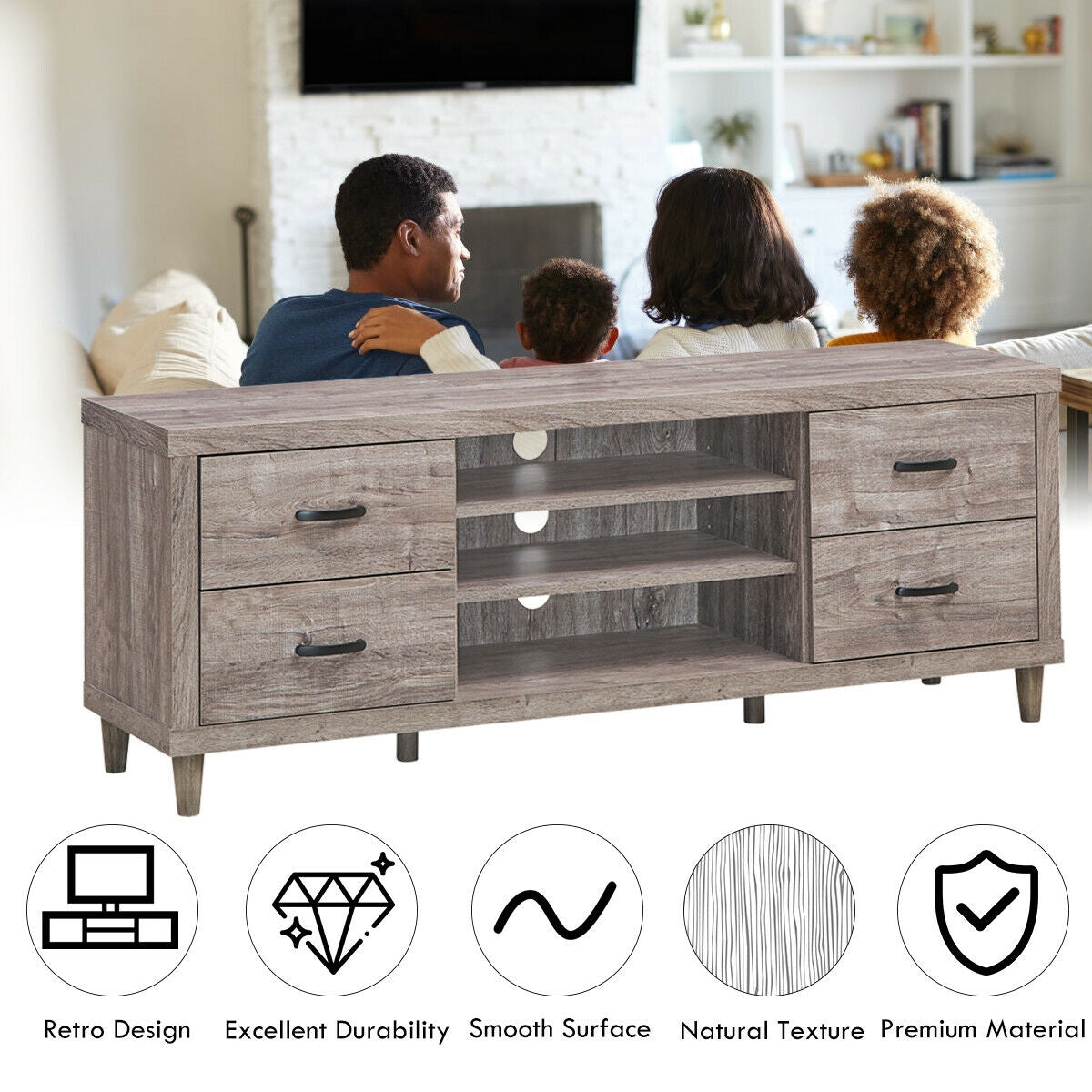 Wood TV Stand with Adjustable Shelves, 4 Drawers, and Cable Management – Fits TVs up to 65"