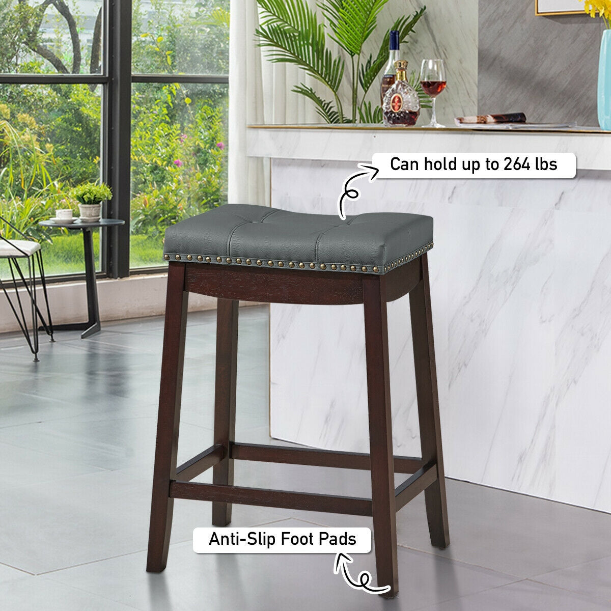 2-Piece Saddle Bar Stools with Decorative Nailhead Trim - Brown