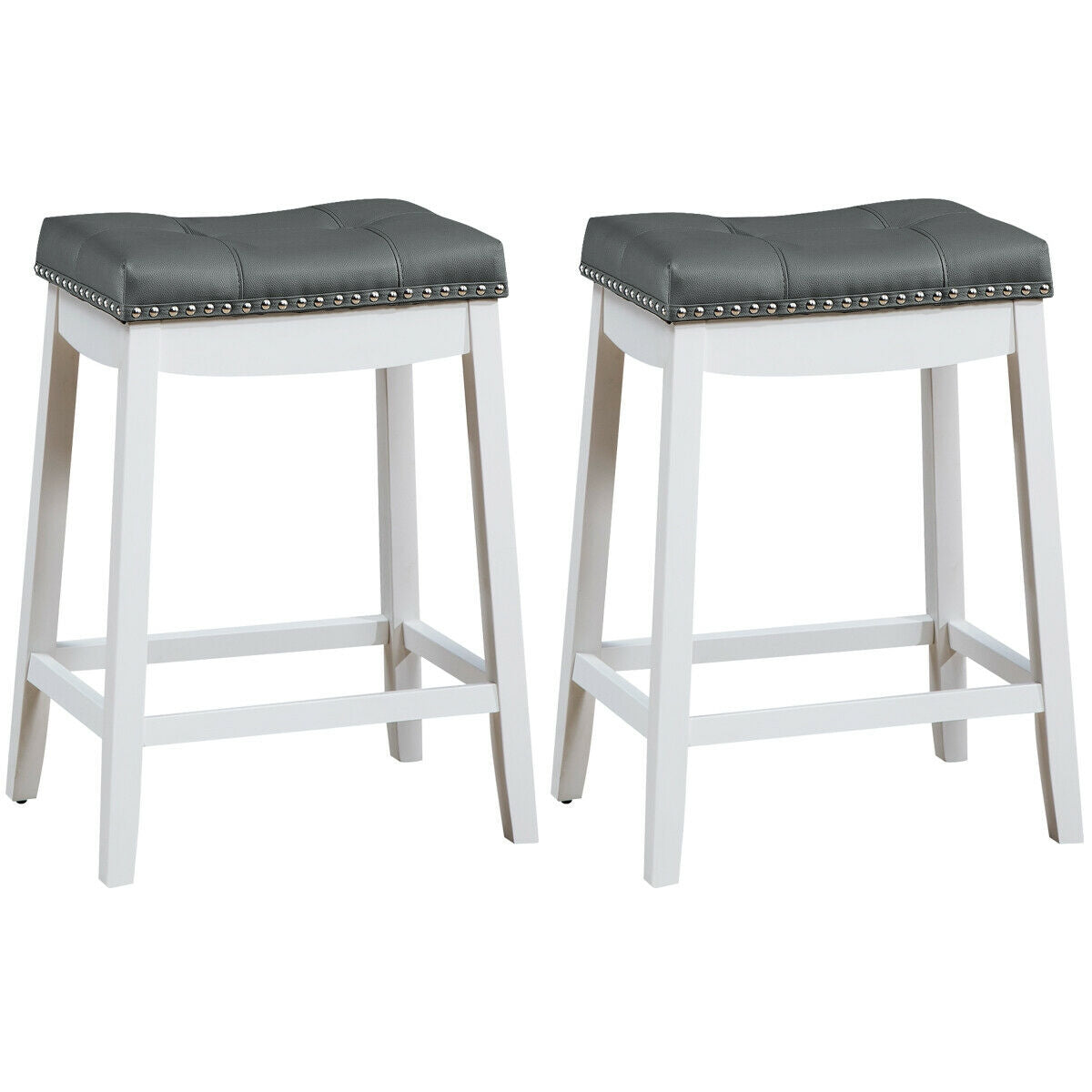 2-Piece Saddle Bar Stools with Decorative Nailhead Trim - White