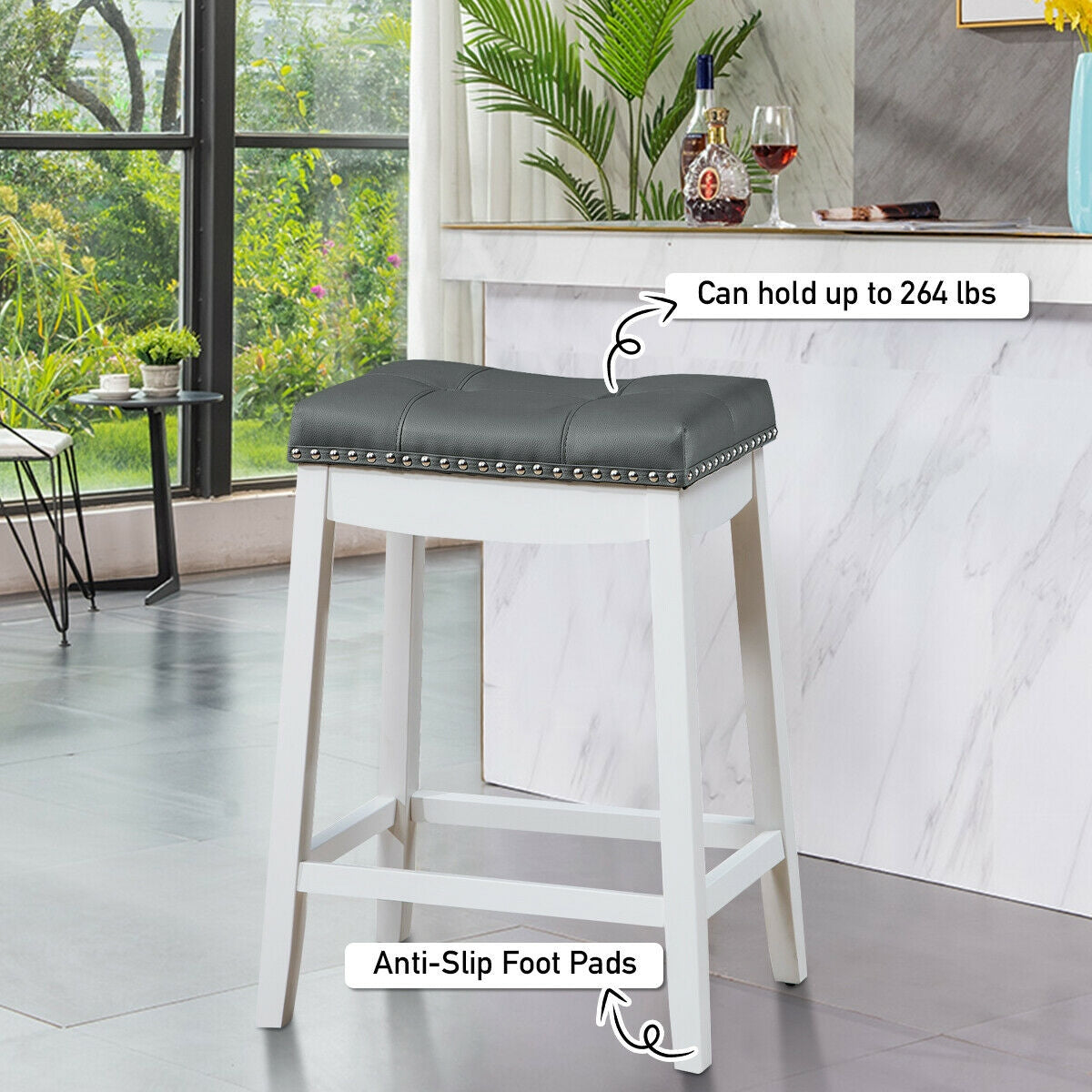 2-Piece Saddle Bar Stools with Decorative Nailhead Trim - White