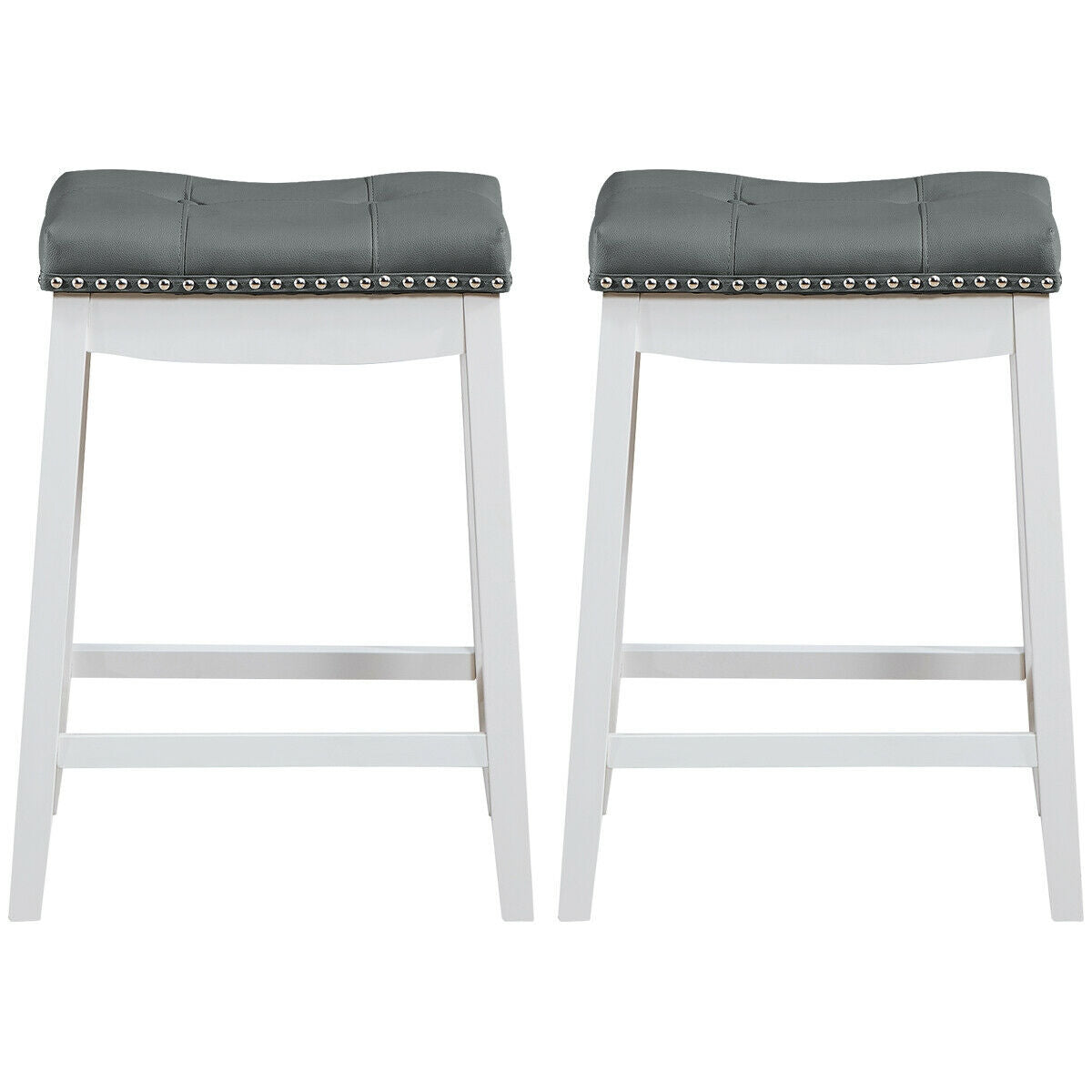 2-Piece Saddle Bar Stools with Decorative Nailhead Trim - White