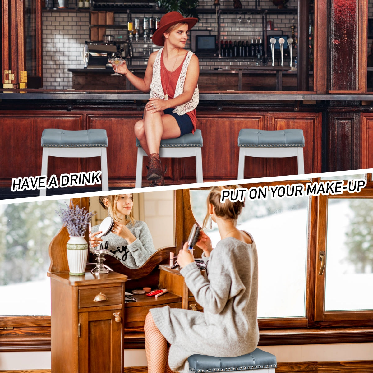2-Piece Saddle Bar Stools with Decorative Nailhead Trim - White