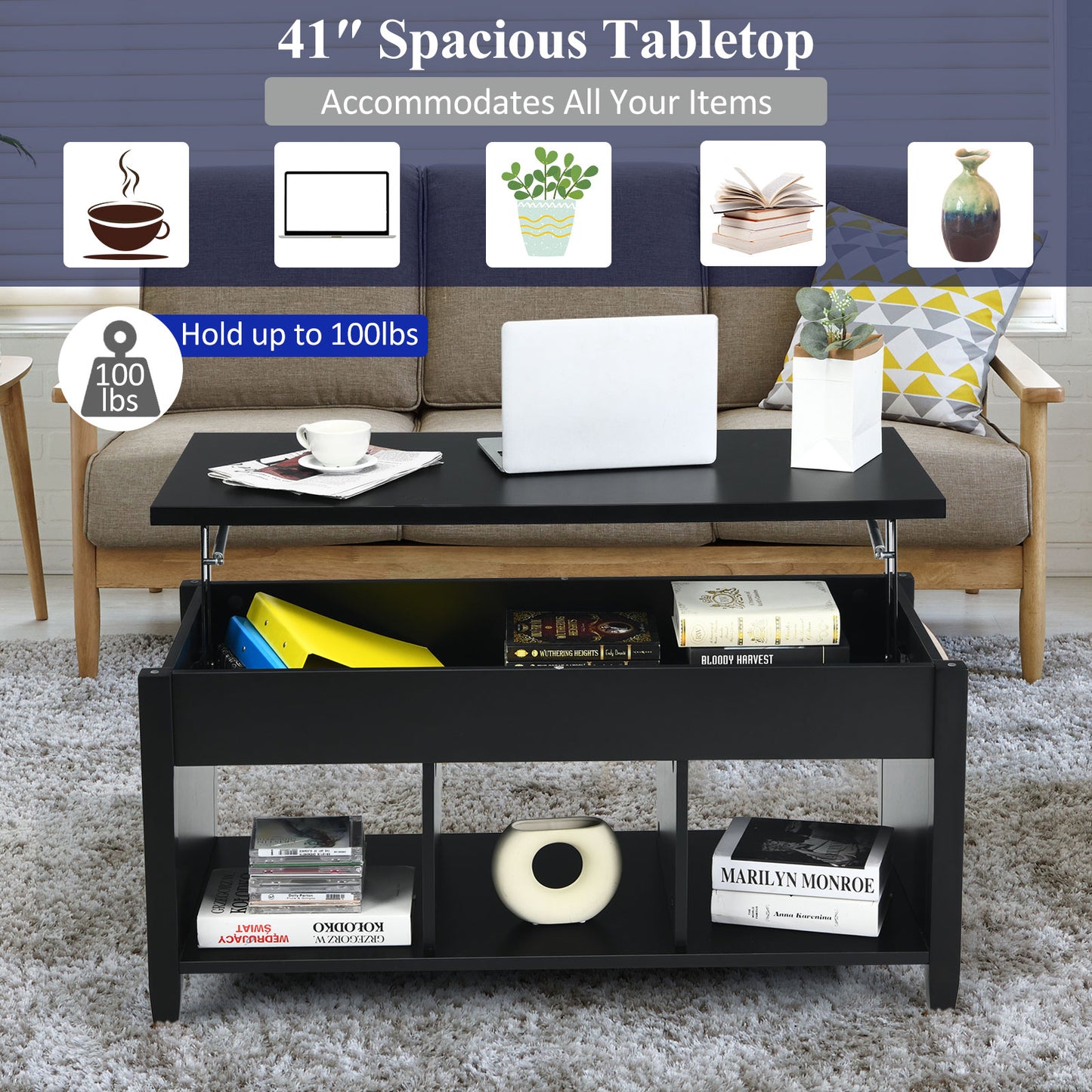 Adjustable Lift Top Coffee Table with Storage Shelves and Hidden Compartment - Black