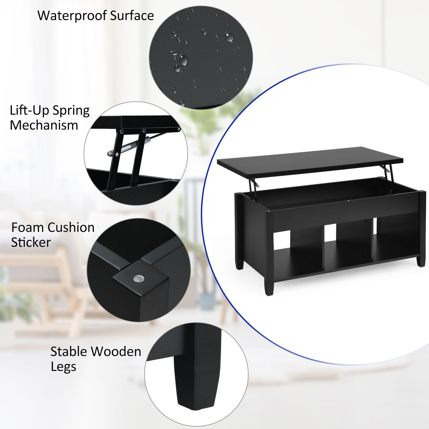 Adjustable Lift Top Coffee Table with Storage Shelves and Hidden Compartment - Black