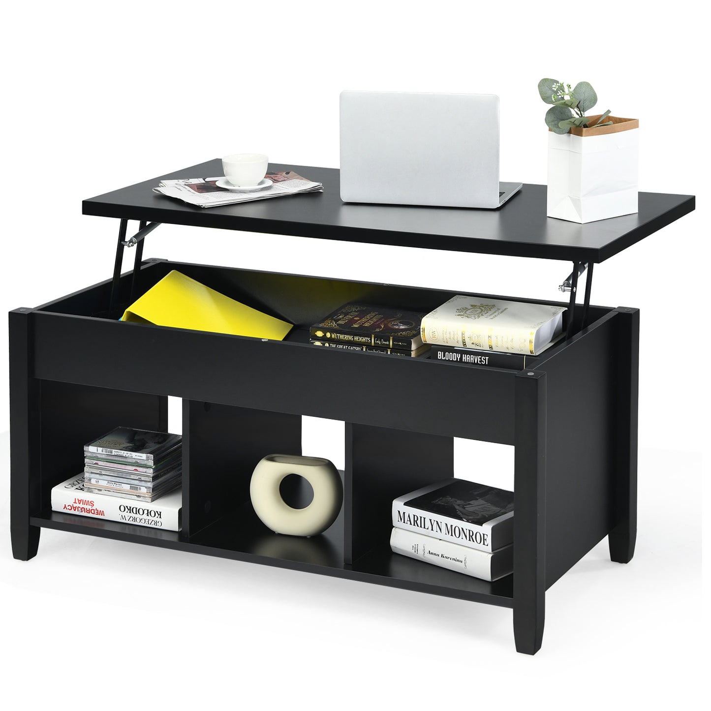 Adjustable Lift Top Coffee Table with Storage Shelves and Hidden Compartment - Black