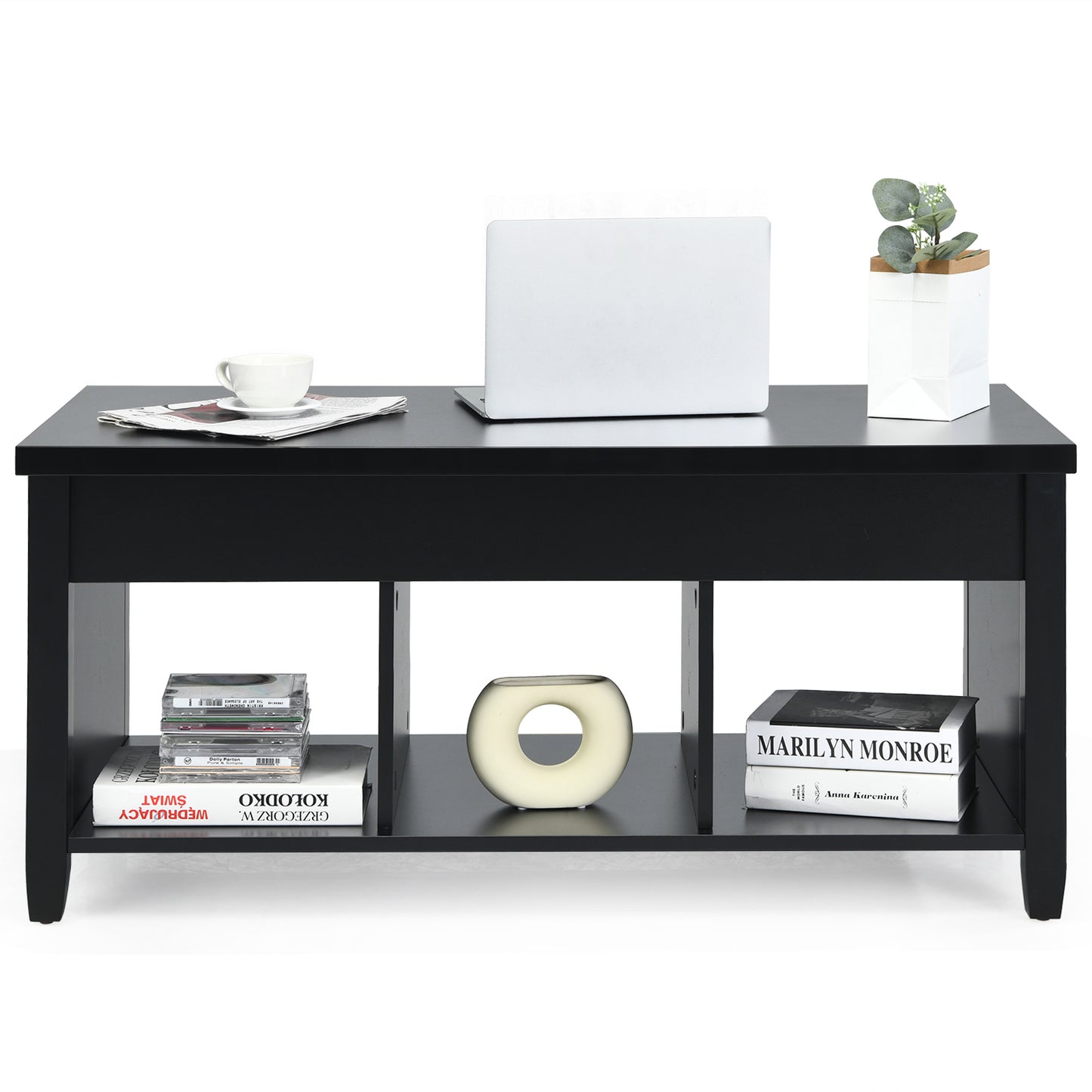 Adjustable Lift Top Coffee Table with Storage Shelves and Hidden Compartment - Black