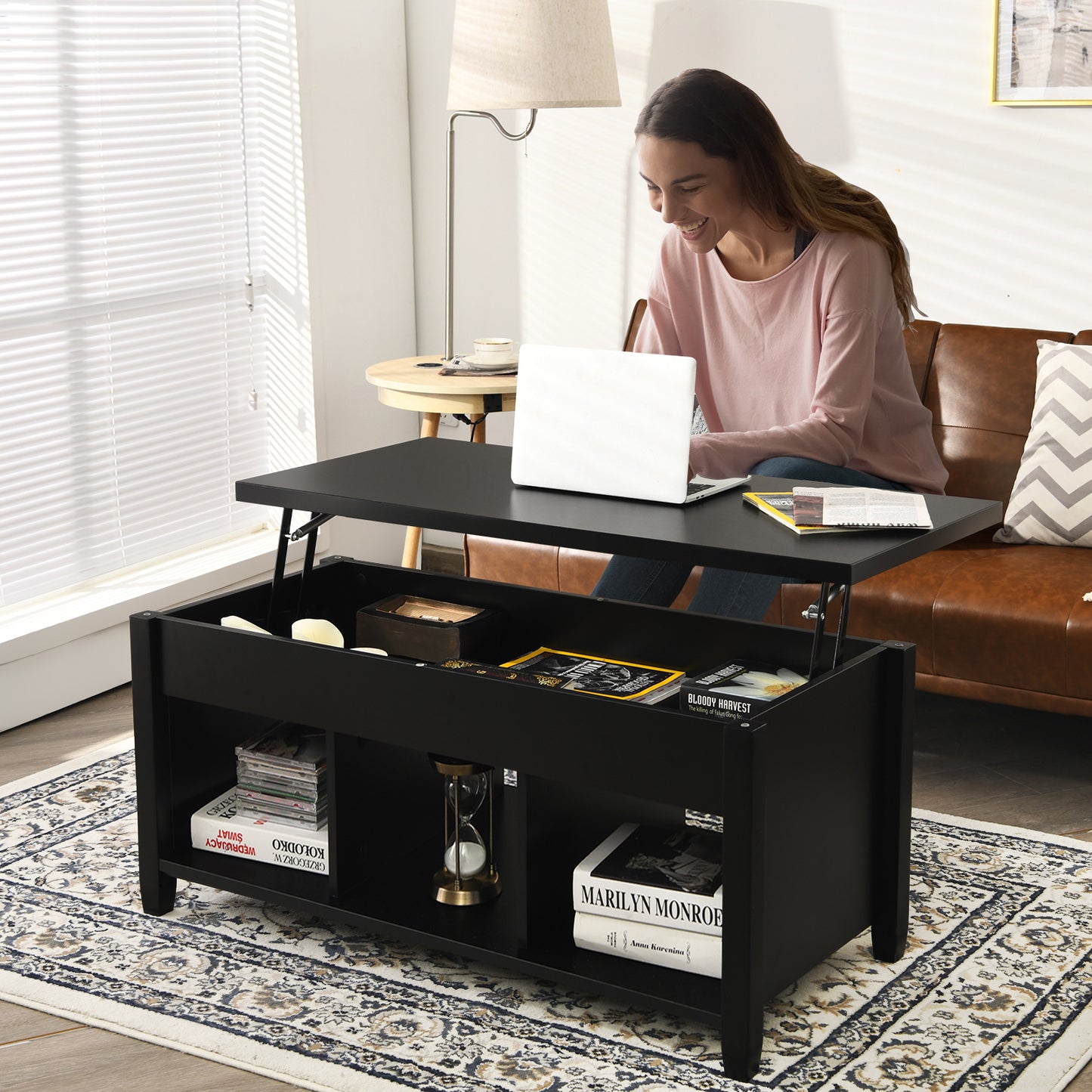 Adjustable Lift Top Coffee Table with Storage Shelves and Hidden Compartment - Black