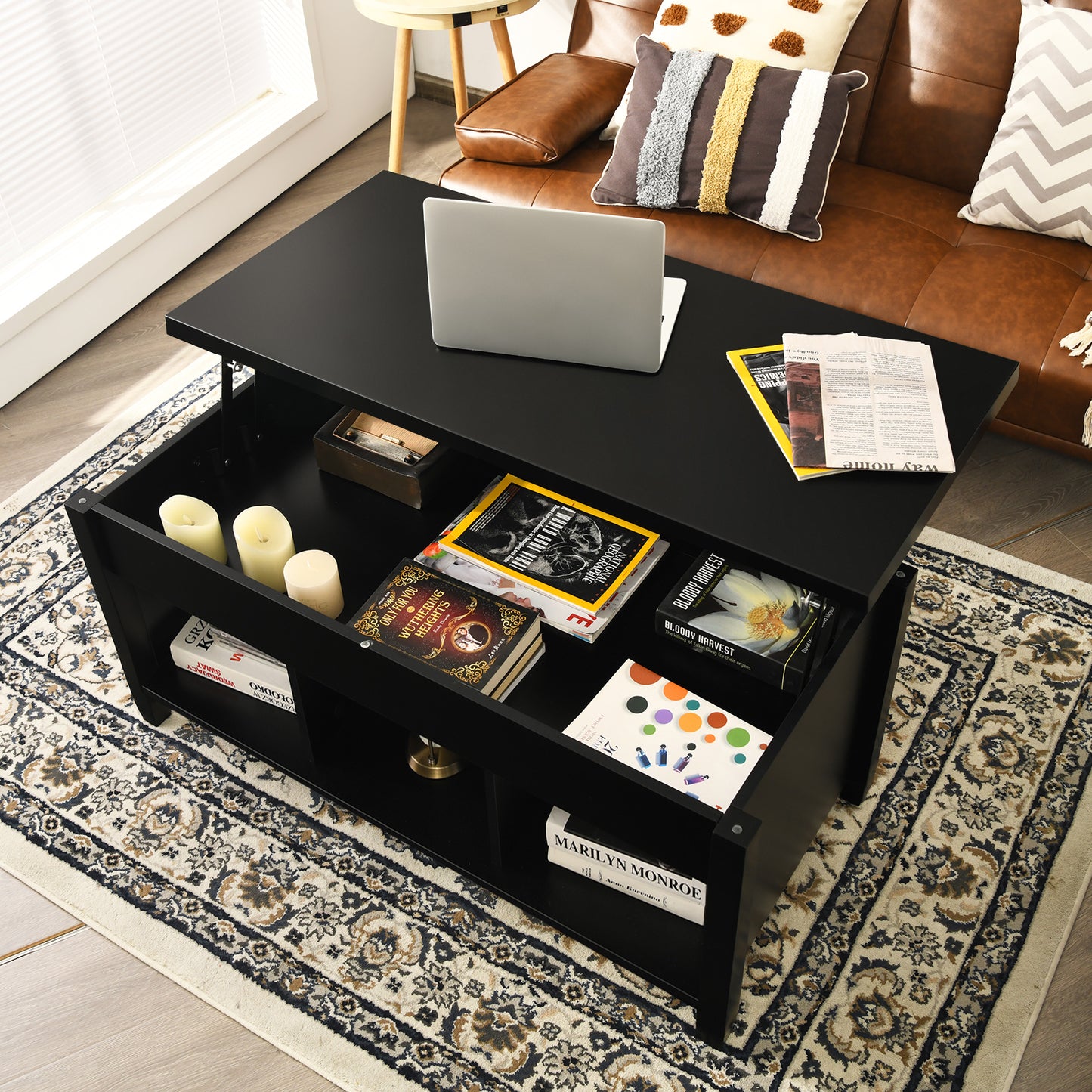 Adjustable Lift Top Coffee Table with Storage Shelves and Hidden Compartment - Black