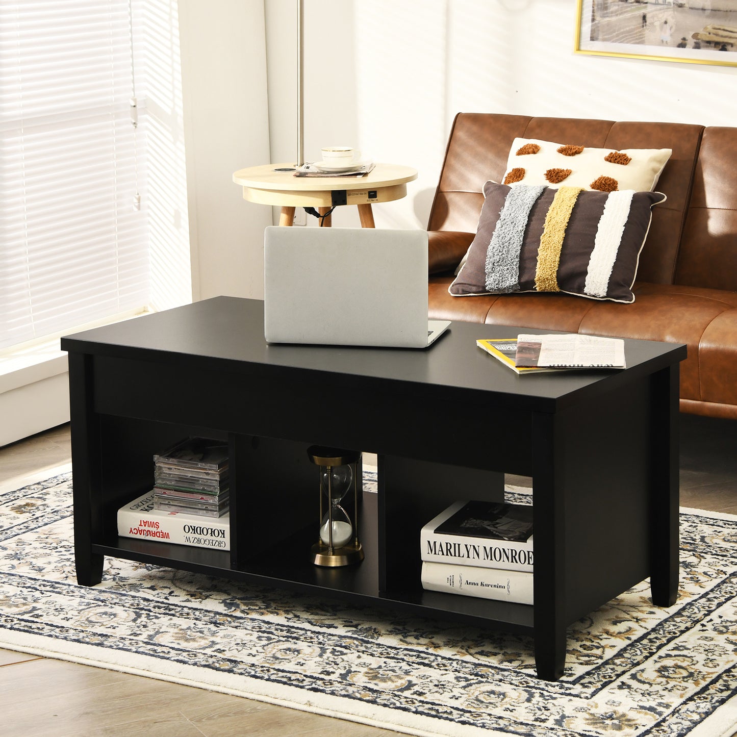 Adjustable Lift Top Coffee Table with Storage Shelves and Hidden Compartment - Black
