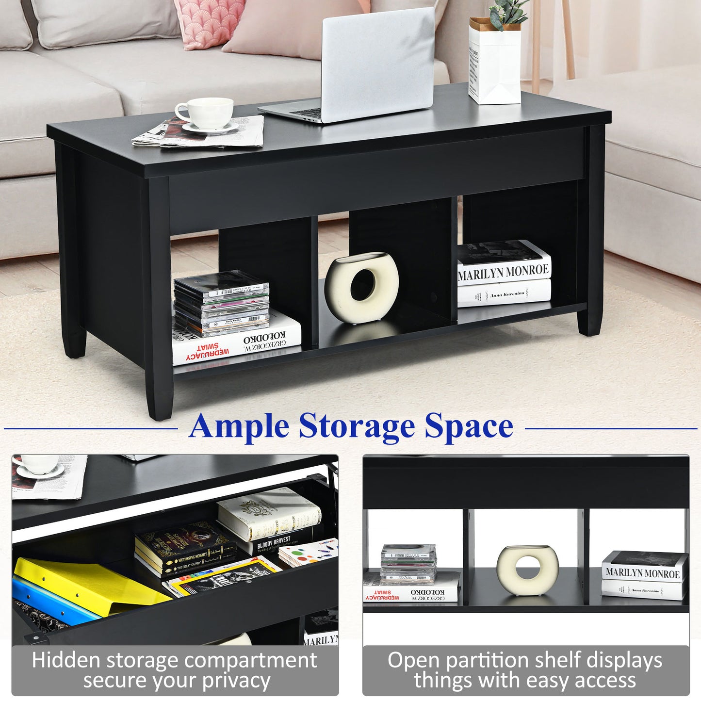 Adjustable Lift Top Coffee Table with Storage Shelves and Hidden Compartment - Black